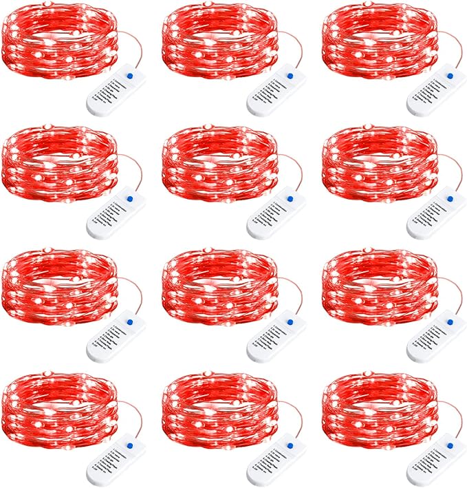 Minetom 12 Pack Red Christmas Lights, 7ft 20 LED Fairy Lights Battery Operated String Lights, Valentines Day Decorations, 8 Modes Timer Waterproof Silver Wire Twinkle Lights, Valentine's Day Lights