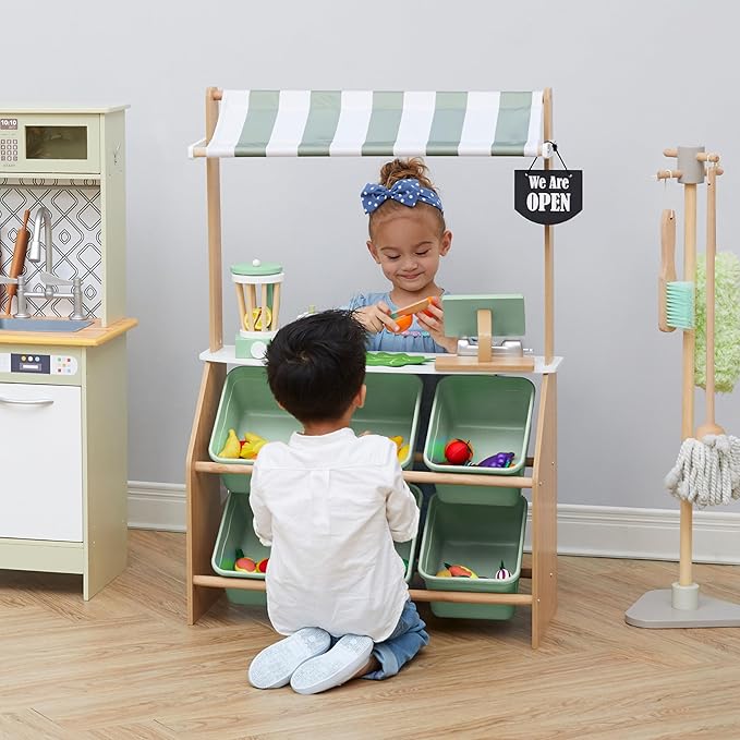 Teamson Kids Little Helper Wooden Farmer's Market Stand with Pretend Cash Register and 6 Plastic Storage Bins, Green, TD-13638A-AMZ