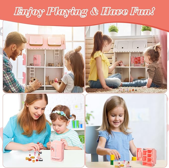 Civaner 17 Pieces Dollhouse Refrigerator Mini Fridge Toy with Christmas Mini Food Set Dollhouse Kitchen Furniture Food Toy Miniatures Kitchen Decoration Bottle Fruit Dessert for People (Lovely Style)