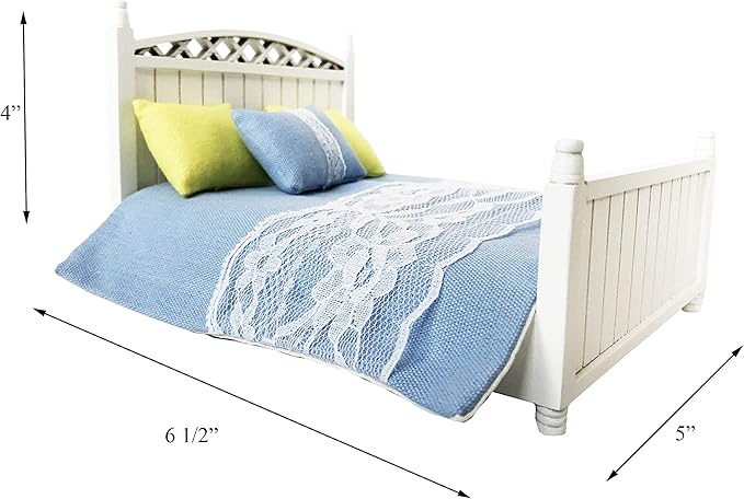 Dollhouse Furniture Queen Bed Set, mini Bedroom Accessories for 6 inch Dolls, Blue Bedding, White Wooden Frame, 1/12 Scale