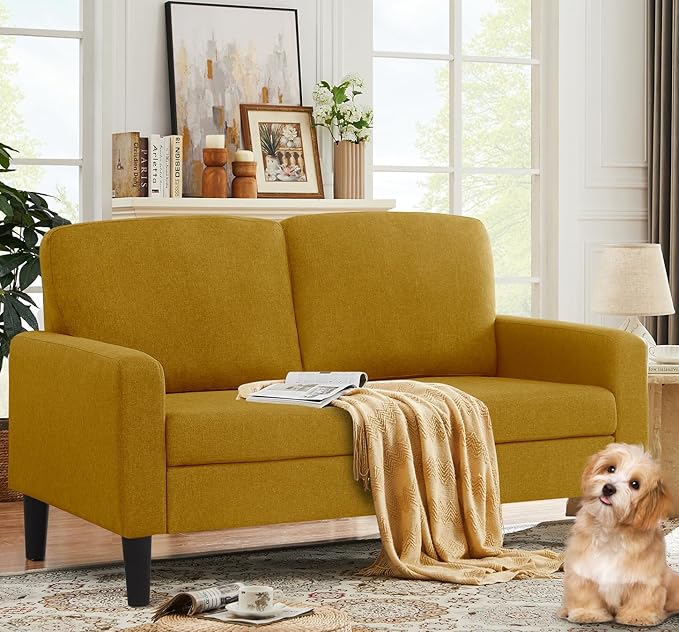 asunflower Small Loveseat Sofa 52 Inch Office Couch Yellow Comfy Linen Fabric 2 Seater Sofa Small Space Couch Tool-Free Assembly Love Seats for Bedroom,Drom Room,Kid's Room
