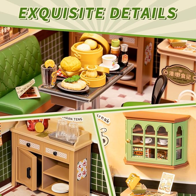 Rolife Super Creator DIY Miniature Plastic House Building Set Playset with LED, Suitable for Mini Figures Construction Toys Diorama Kit Gifts for Teens Adults (Hong Kong Bites Cafe)