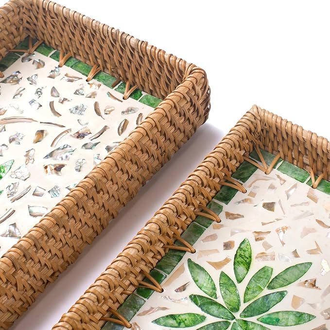 2 Pack Rattan Bathroom Vanity Tray with Mother of Pearl Inlay, Toilet Tank Tray, Toilet Basket Tank Topper, Bathroom Basket for Organizing and Decor (Green Leaves)