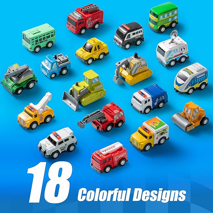JOYIN 18 Pcs Pull Back City Cars and Trucks Toy Vehicles Set, Friction Powered Cars Toys for Toddlers, Kids Stocking Stuffers, Treasure Box Gifts for Classroom, Gifts for Grandkids, Easter Basket