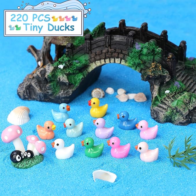 220 Pcs Mini Resin Duck Tiny Ducks Birthday Party Miniature Figure Landscape Aquarium DIY Decoration Bonsai Interior Christmas Fairy Garden Hide and Seek Prank (11 Colors)