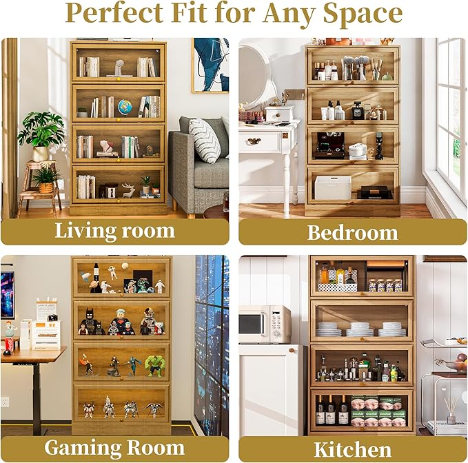 Display Cabinet with Acrylic Glass Doors,4-Tiers Curio Cabinet with LED Lighting for Collectibles, Collectibles Toy Organizers Rack & Display Shelf Display Case Storage Cabinet, Nature