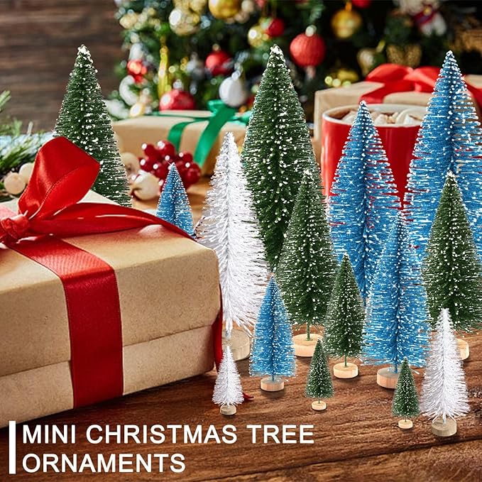 30Pcs Mini Christmas Trees Artificial Christmas Tree Bottle Brush Trees with Wooden Base for Christmas Decor Christmas Party Home Table Craft Decorations(Green+Blue+White)