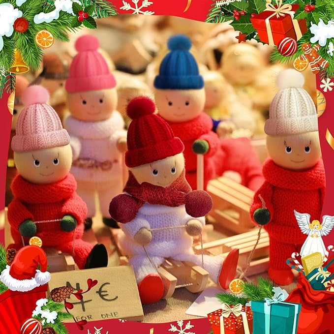 Geyoga 16 Pcs Mini Knit Doll Hat Valentines Day Small Santa Hat for Craft Winter Mini Snowman Hats and Scarf Tree Ornaments Snow Stripe Heart Wine Bottle DIY Decor Gifts