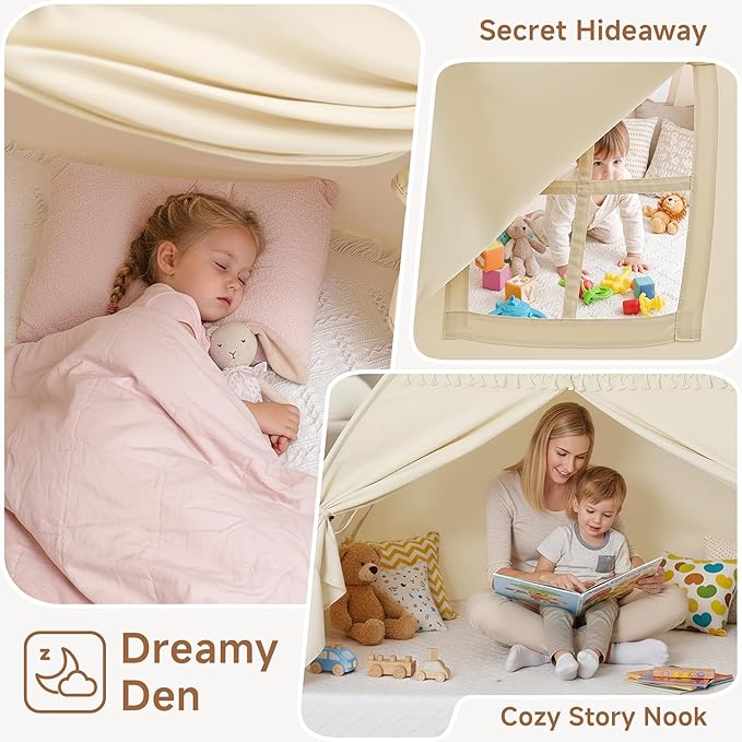 Toddler Canopy Lights & Flags Indoor Floor Bed Kids Tent Playhouse Portable & Foldable Twin Bunk Bed Curtains Girls & Boys House Bedroom Privacy Space Sleeping Tents Gifts Golden Beige Large Size