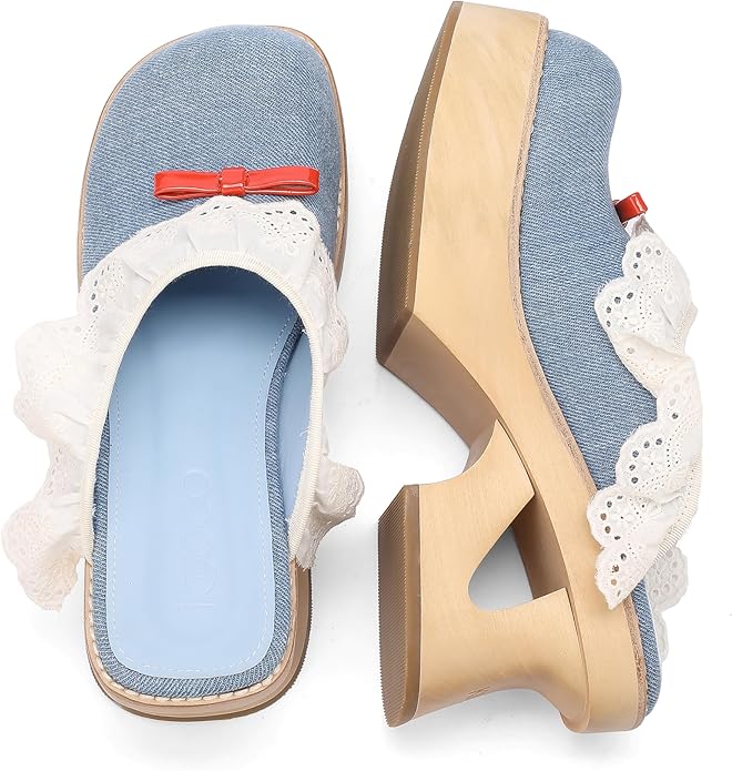 kuoco Handmade Swedish Wood Mules for Women Platform Low Heel Wooden Clogs Mules Open Back Faux Leather Clogs