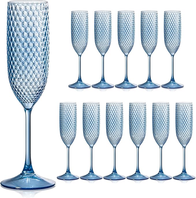 12 Pack Plastic Champagne Flutes Vintage Light Blue Goblet Champagne Glasses Unbreakable Wedding Toasting Glasses Diamond Wine Glasses Crystal Wine Cups Clear Drinking Glasses 5.5 OZ for Bridal Shower