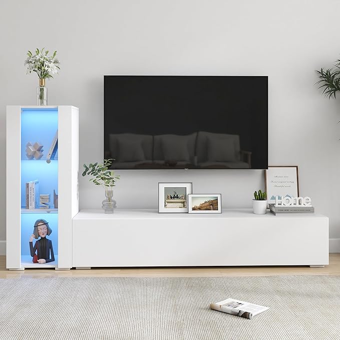Pvillez 39" LED Display Cabinet with 3 Glass Shelves & 1 Door, Modern Wall-Mounted Curio Cabinet Display Case Storage Cabinet, High Gloss Floor Standing Bookshelf for Living Room Bedroom (White)