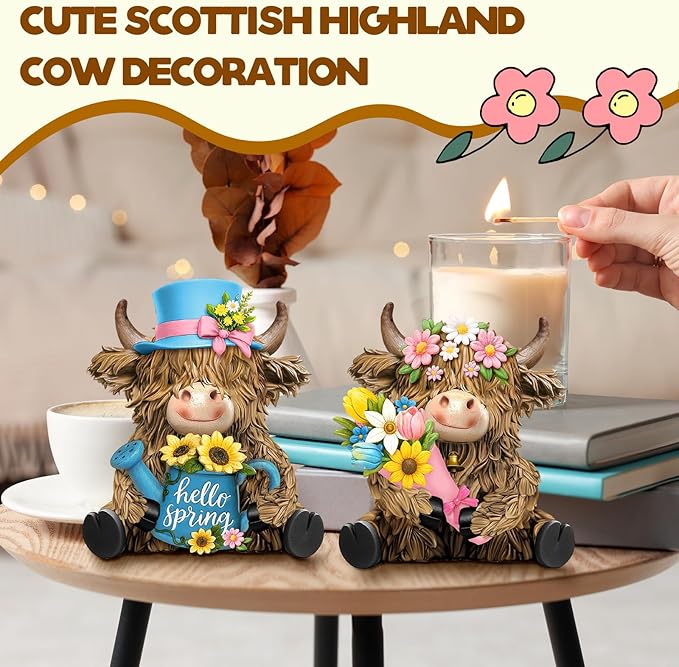 Burbell 2 Pack Spring Highland Cow Resin Figurine Spring Bathroom Highland Cow Gnomes with Flower Starfish Resin Statue for Garden Table Shelf Home Decor Calf Gnome Herd Gifts