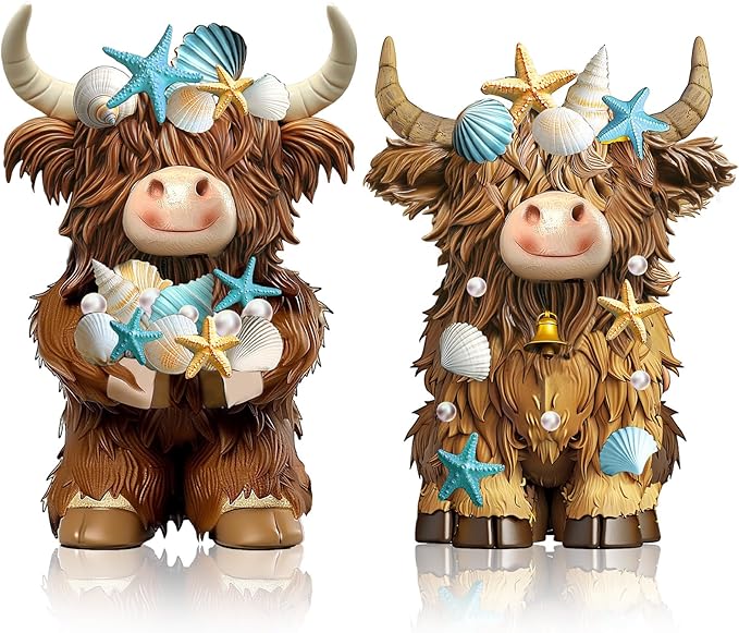 Burbell 2 Pcs Coastal Highland Cow Decor Summer Beach Ocean Themed Highland Cow Figurines Resin Starfish Seashellstatue Calf Lovers Gifts for Home Garden Kitchen Office Tiered Tray Table Decor