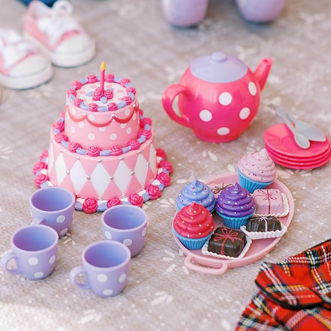 Sophia's Complete Cake & Tea Party Accessories Set with Teapot, Teacups, Utensils, Pretend Dessert and Drinks for 18" Dolls, Pink/Purple