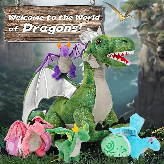 7Pcs Giant Green Dragon Plush Toy Set, 21.7" Big Mother Dragon Stuffed Animal with 4 Babies & 2 Eggs, Stuffed Dinosaurs for Kids Boys Girls, Cute Soft Plushies Gift for Birthday Christmas