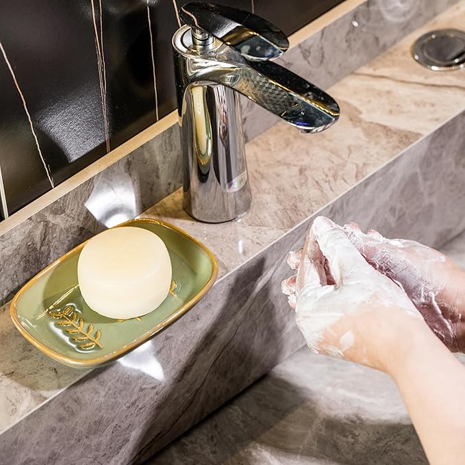 Miamolo Soap Dish Soap Holder Shower, Ceramic Soap Dishes for Bar Soap Sponge, Shower Soap Dish Soap Saver Tray for Bathroom Kitchen Sink, Easy to Clean, Green