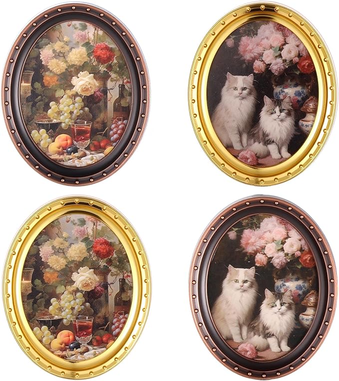 1:12 Scale Miniature Dollhouse Picture Frames – Set of 4 Antique Brass Oval Frames, Printed Floral Micro Accessories for DIY Room Box, Fairy Garden & Dollhouse Decor