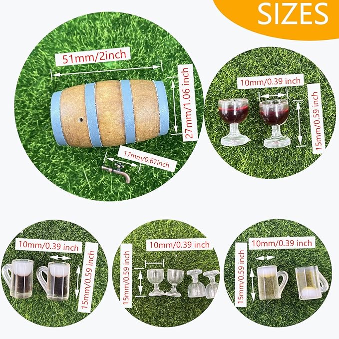 Cayway Miniature Drink Set - 8 PCS Accessories, 1 PCS Wooden Beer Barrel, White & Beer Glasses for Fairy Garden Pub Bar Decoration