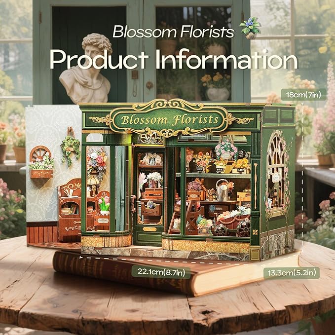 Fsolis Book Nook Kit - DIY Miniature Scene Kit for Adults 3D Wood Puzzles Tiny House Mini Craft Bookshelf Decor Gifts for Women Teenagers Book Lovers (Blossom Florists)