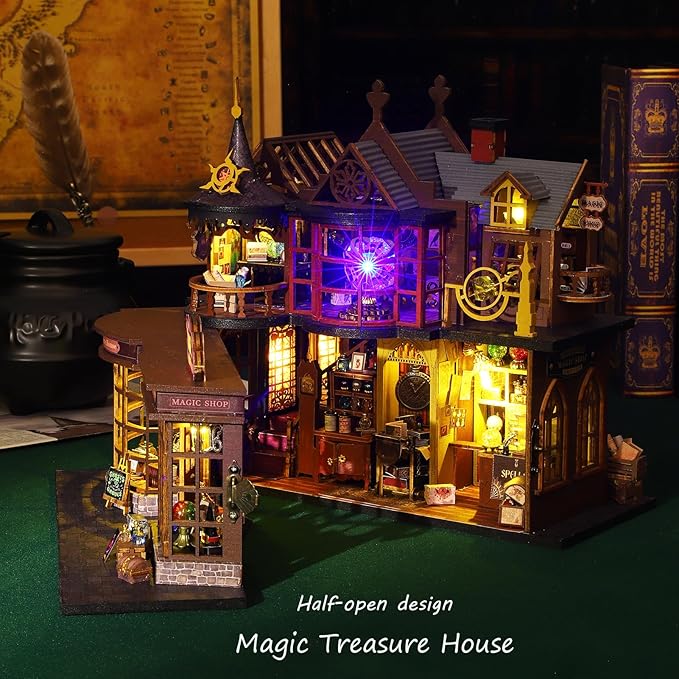Spilay DIY Miniature House Kit, DIY Dollhouse Kit with Music Box and Dust Cover, 3D Wooden Puzzle Book Nook Kit for Adult, Bookshelf Decor&Gift for Birthday Halloween Christmas（Magic Treasure House）