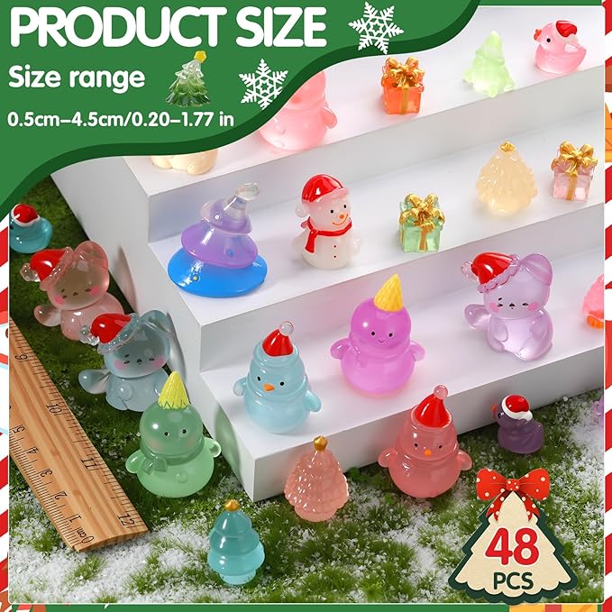 48PCS Mini Christmas Luminous Figurines Christmas Resin Miniatures Glow in The Dark Tiny Figures to Hide Small Snowman Figures for Xmas Goodie Bag Mini Presents for Crafts
