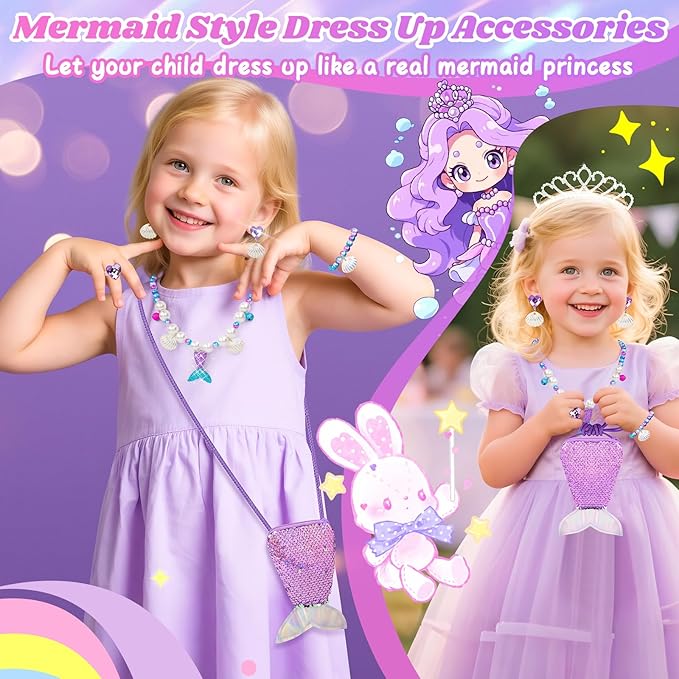 Mermaid Toys Gifts for Girls Age 4-6 7 8 9 10, Unique Girls Birthday Gifts Set with Locked Diary, Kids Purse, Plush Light Up Star Pillow, DIY Water Bottle Kits, for Christmas