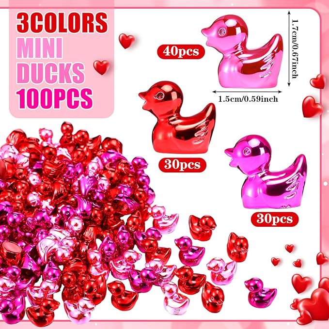 100 Pcs Shiny Valentines Day Mini Duck Figures Colorful Valentines Day Duck Decor Micro Landscape Aquarium Garden Hide and Seek Decoration Charm for Party Gift(Red, Fuchsia and Pink)