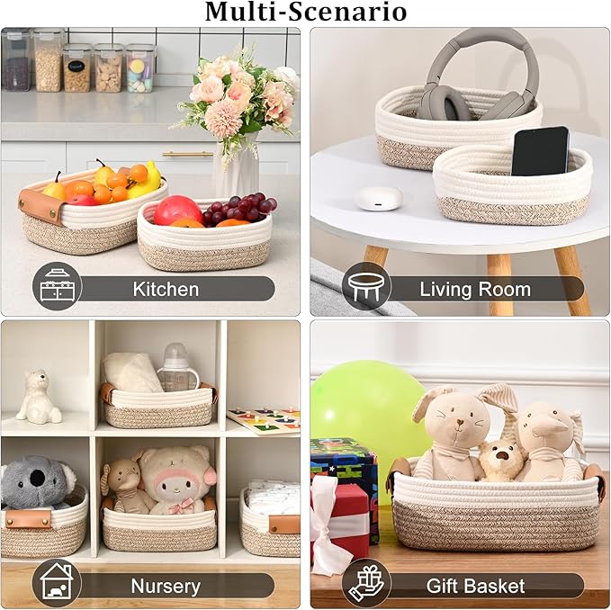 Storage Baskets for Organizing, Small Woven Basket Set of 6-4 Shelf Basket with Leather Handle and 2 Small Gift Baskets, Cotton Rope Basket for Shelves, Nursery, Dog Toy, Bathroom