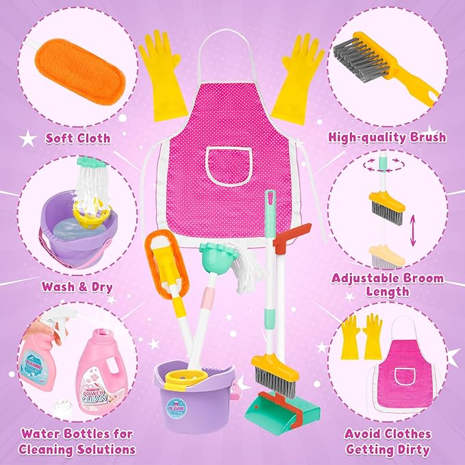deAO Kids Cleaning Set 17 Pcs,Toy Cleaning Set Includes Broom,Mop,Brush,Dust Pan,Duster,Sponge,Clothes,Spray, Bucket, Caution Sign,Pretend Housekeeping Play Set