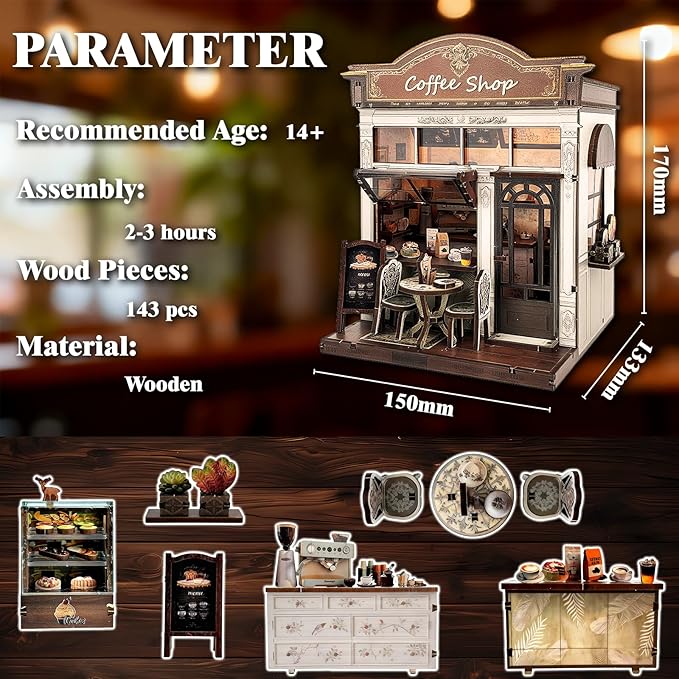 DIY Miniature House Dollhouse,Coffee Shop Book Nook Kit for Adult and Teens, Dollhouse,Tiny House Bookshelf Decor 3D Wooden Puzzle with LED Lighting, Gifts for Family, Friends (Coffe Shop)