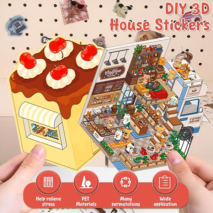 DIY 3D Sticker Scene, 8 Sets Fun DIY 3D House Stickers, Make Your Own Mini Room Scenes, Cute Cartoon 3D Miniature Scene Stickers Book, 3D Sticker Therapy for Adults Kids Relief Stress Pass The Time