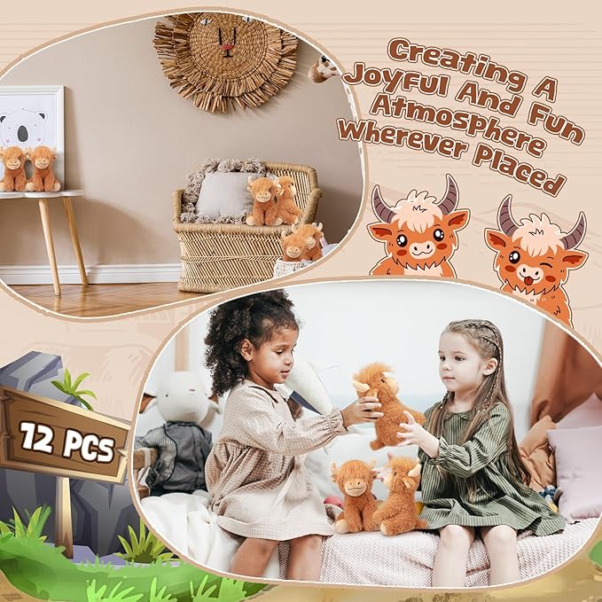 6 Pcs Highland Cows Stuffed Animal 6 Inch Realistic Scottish Stuffed Highland Cow Cattle Plush Toys Fluffy Animal Decor for Stress Relief Boys Girls Birthday Favors Gifts Forest Party Decor