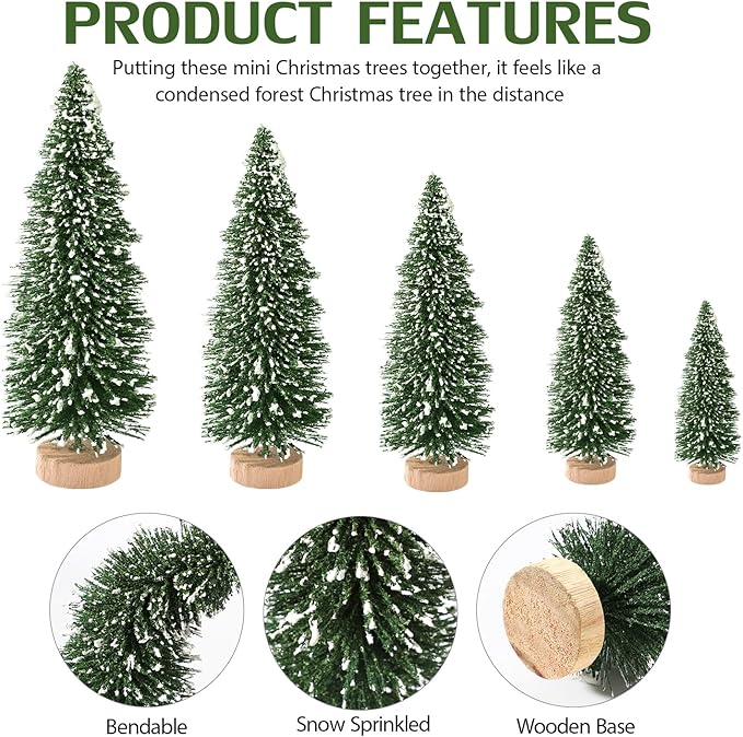 30Pcs Mini Christmas Tree Decor, Artificial Christmas Tree 5 Sizes,Mini Sisal Snow Frost Trees with Wooden Base for Christmas Decor Christmas Party Home Table Craft Decorations (B/Green)