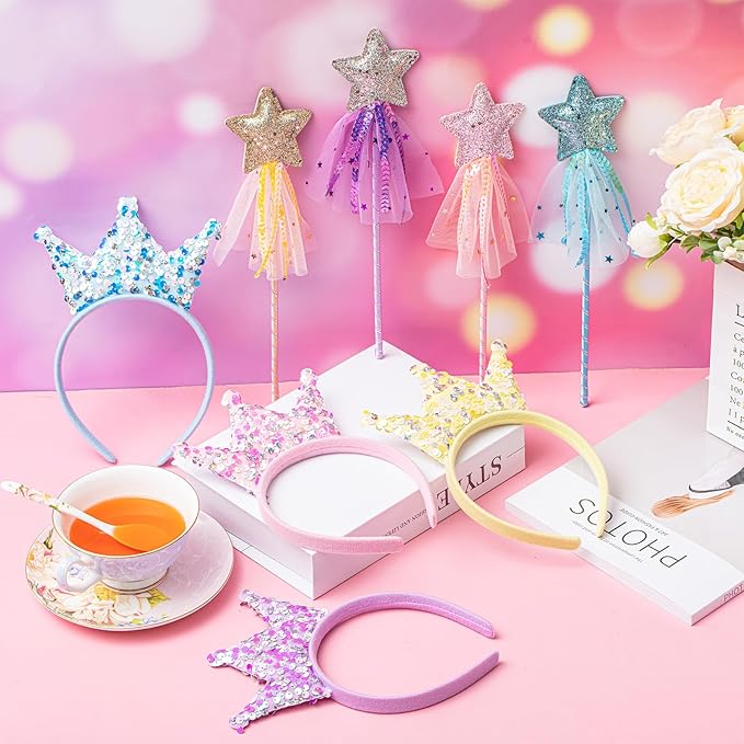 Hollowfly 48 Pcs Princess Party Favors Including 24 Glitter Star Fairy Wands and 24 Sequin Princess Crown Headbands for Girls Birthday Party Gifts