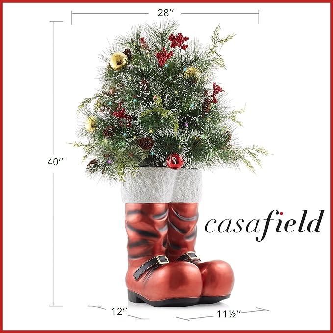 Casafield Santa Boots Decoration with Holiday Greenery, 40" Pre-Lit Hand-Painted Outdoor Christmas Decor