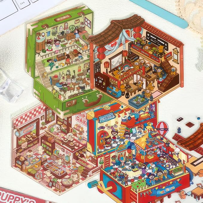 DIY 3D House & Room Stickers - 4 Sets Korean Cartoon Isometric Scenes Scene Sticker for Scrapbooking, Journals - Create Your Own Stacking Miniature Stickers for Adults & Teens