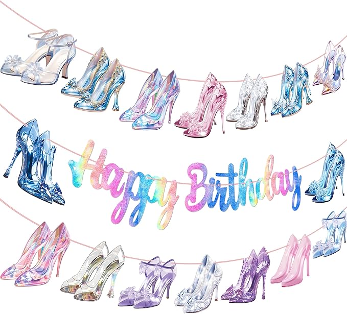 Crystal High Heel Birthday Banners Glass High Heels Birthday Party Supplies 3Pcs Diamond Shoes Banners Girls Princess Party Decor for Fashion Shoes Engagement Wedding Decoration