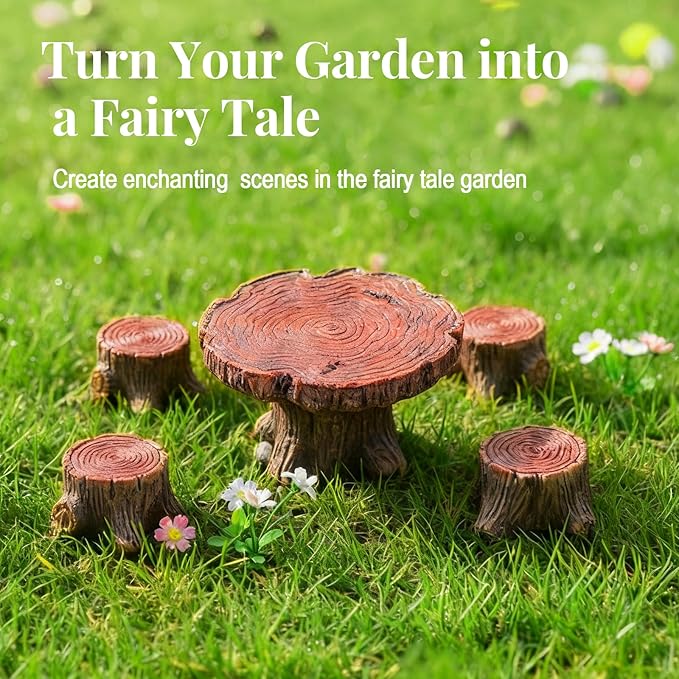 Fairy Garden Accessories Kit with Miniature Table and 4 Chairs, Dollhouse Furniture Set for Terrarium, Mini Garden Outdoor Decor, Fairy Village