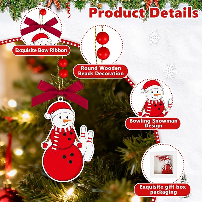 4.3 Inches Snowman Bowling Christmas Ornament, Wooden Bowling Snowman Tree Ornament Hanging Decoration for Rearview Mirror, Window, Eaves, Fireplace and Home Holiday Party Decor
