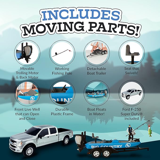 Big Country Toys - Fishing Toy Playset - Kids Fishing Set with Toy Boat and Ford F-250 Super Duty® - 12-Piece Fishing Set