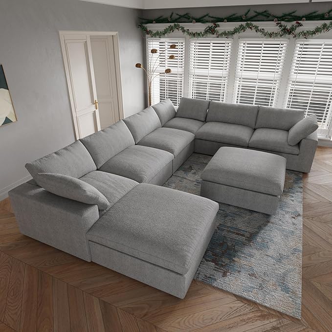 JACH 160" Cloud Sectional Couch, Overzised Down Filled Couch, 8 Seater Convertible Modular Cloud Sofa for Living Room, Minimalist Deep Seat Modern Couches,Sofa Cover Removable, Grey