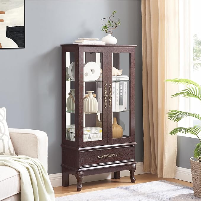 51" H Lighted Curio Display Cabinet with 2 Doors & 1 Drawer, Wooden Glass Curio Showcase w/Adjustable Shelves & Mirrored Back Panel, Storage Cabinet Display Case for Living Room(Dark Cherry)