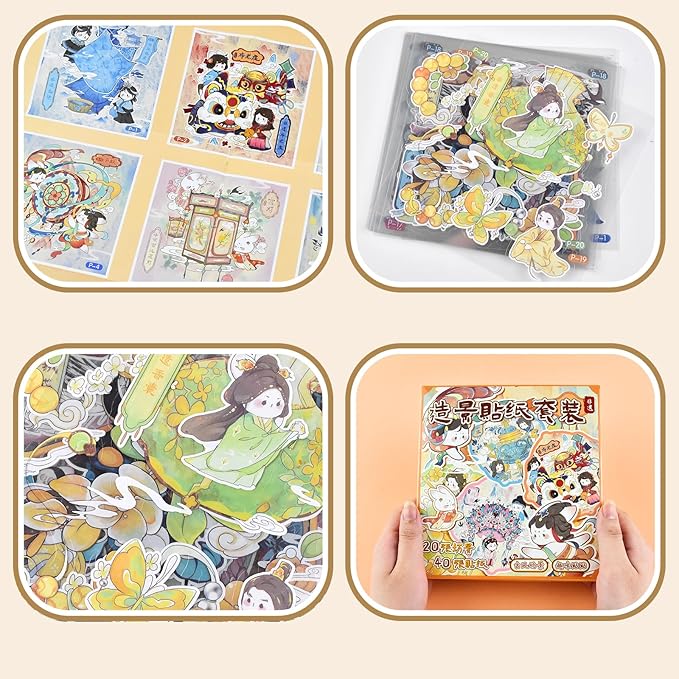 DIY 3D Fun Mini Chinese Intangible Cultural Scene Stickers Book with Tweezers Make Your Own Tie-Dye Velvet Flower Shadow Play Sticker Scenes Micro Stickers for Relief Stress Pass The Time(20 Designs)