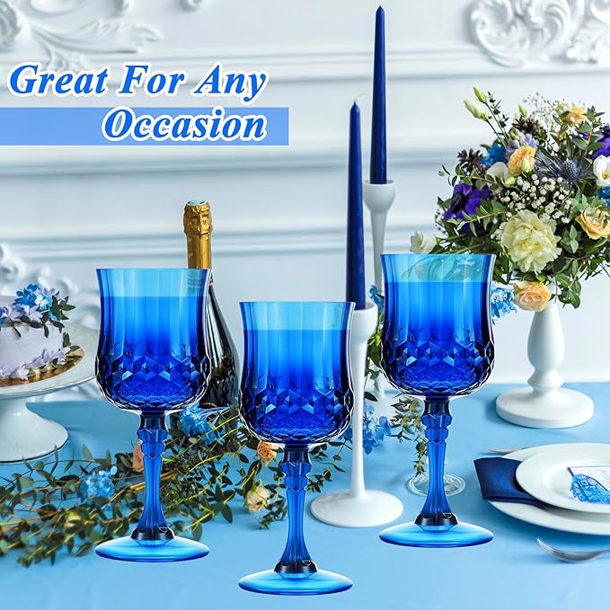 Pinkunn 12 Pcs 7 oz Plastic Vintage Wine Glasses Reusable Colored Goblets Patterned Drinking Water Glasses Cup Dishwasher Safe for Valentine's Day Wedding Reception Party Supplies (Dark Blue)