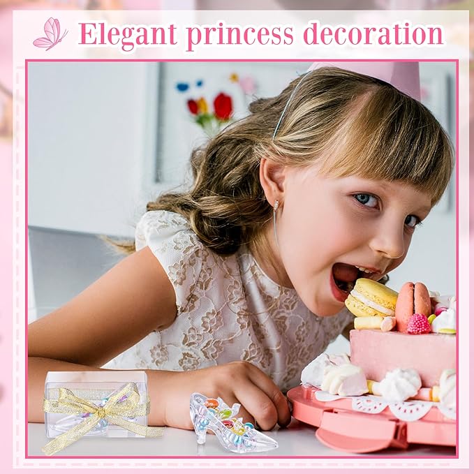 Barydat 36 Pcs Mini Crystal Princess Slippers Plastic High Heels Decoration, 36 Pcs Transparent Gift Boxes with Gold Ribbon, Party Wedding Birthday Candy Gift Supplies Table Decoration
