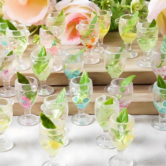 6 Piece Summer Fashion Miniature Dollhouse Drink Set – Resin Glass Cups & Fruit Beverage Bottles, 1:12 Scale Simulated Summer Drinks for DIY Crafts, Jewelry Making, Mini House Bar Décor & Decorations