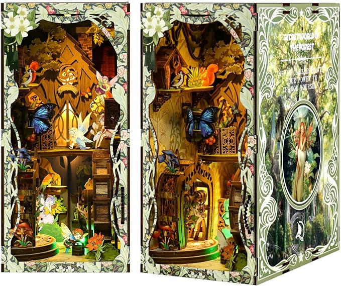Book Nook Kit - DIY Miniature Dolls House Kit with Furniture and LED Light, 3D Puzzle Wooden Art Bookends, Model Kits for for Adults and Teens (Secret Forest)
