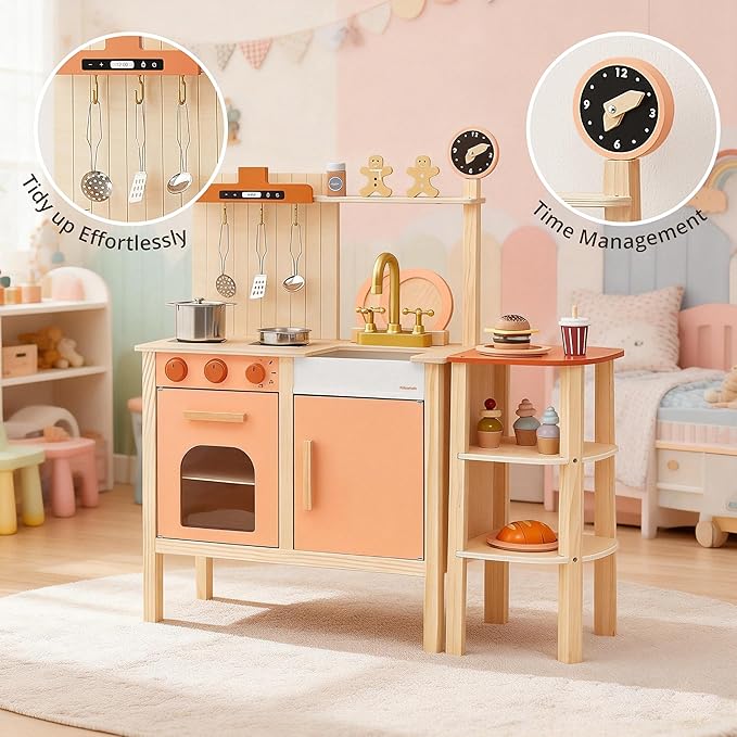 Pillowhale 2-in-1 Wooden Play Kitchen with Storage Rack, Kids Pretend Cooking Set w/Sink, Stove, Microwave & 8 Accessories, Montessori Toddler Kitchen Toy Gift for Boys & Girls Age 3+ (Red)