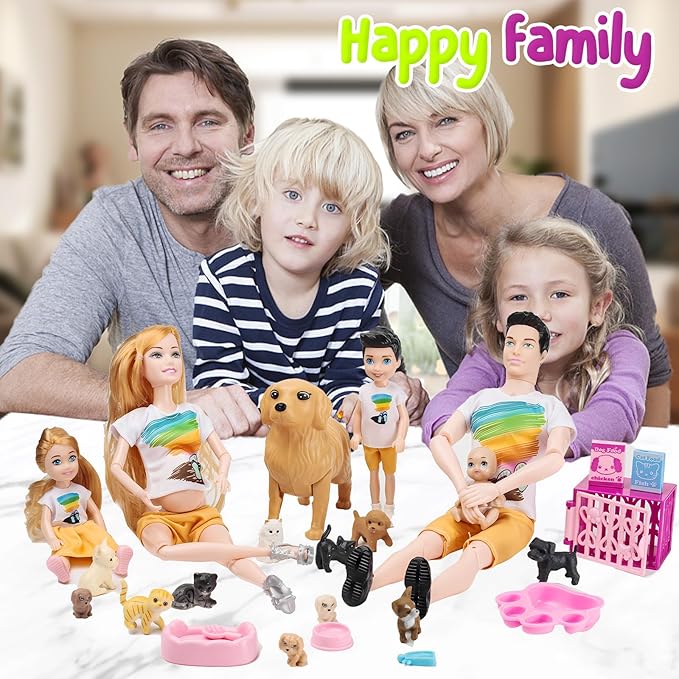 Dolls Set of 6 People with Dollhouse Pets Included Pregnant Mom Dad 3 Kids and Baby Boy in Mommy's Tummy, Doll Playsets and Accessories for 3-12 Years Old